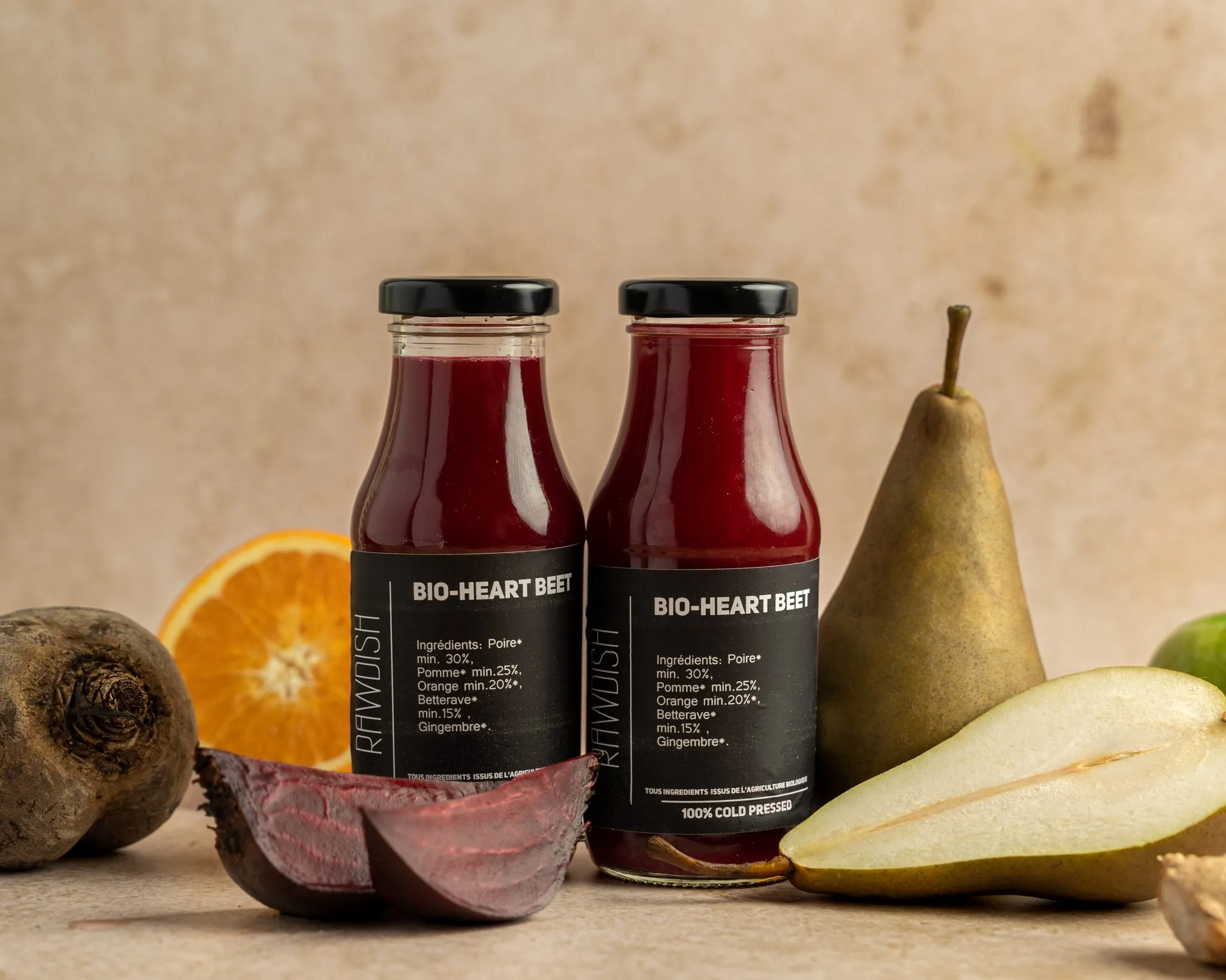 Cold-pressed juices photographed with their ingredients, for the shelf and the feed. Shot for Rawdish.