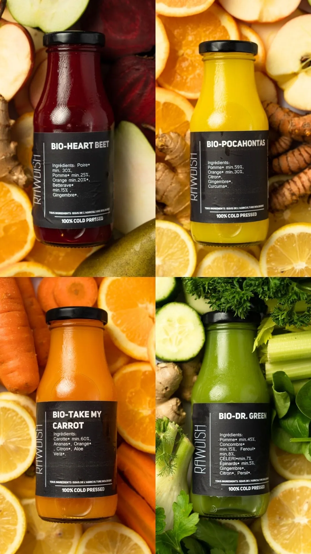 Cold-pressed juices photographed with their ingredients, for the shelf and the feed. Shot for Rawdish.